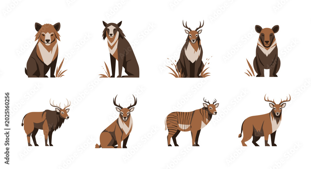 Fototapeta premium Stylized illustrations of various animals including bear and deer against white backdrop
