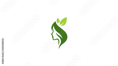 Green natural beauty logo design with a woman's profile and leaves. Organic spa, wellness, and botanical cosmetic concept icon.