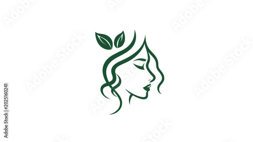 Elegant woman profile with flowing hair and green leaves, symbolizing natural beauty, organic wellness, spa, and skincare.