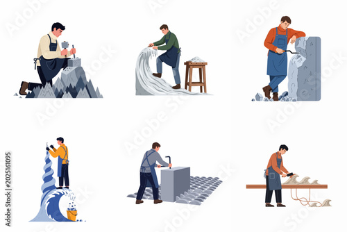 Obraz na płótnie Collection of professional male sculptors and stonemasons carving creative figures from stone and wood in flat vector style