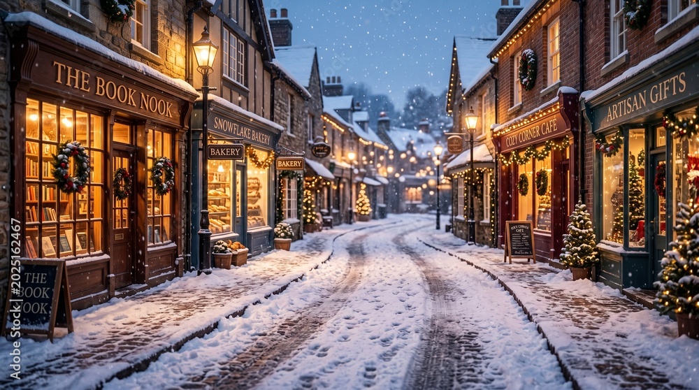 Fototapeta premium Charming snowy street scene with festive holiday decorations, a cute winter background for your seasonal designs
