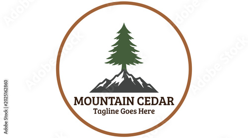 Konstfotografi Circular emblem featuring a cedar tree atop a rocky mountain