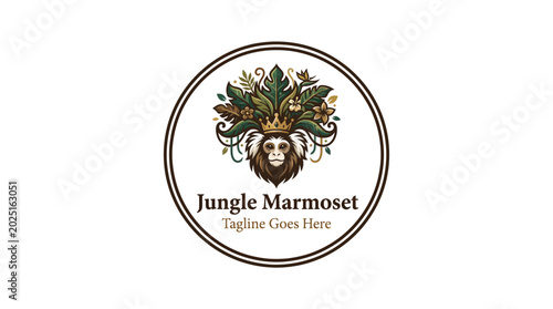 Foto Marmoset monkey portrait on circular logo featuring leafy crown