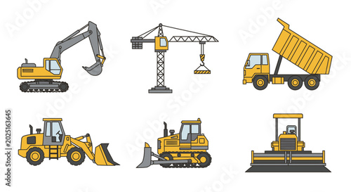 Construction equipment collection of vector illustrations in yellow and grey