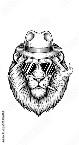 Lion Wearing Sunglasses and Hat Smoking Cigarette Vector Illustration
