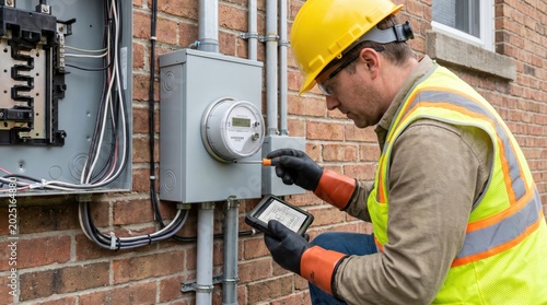 Electrician inspecting an outdoor residential electricity meter and service panel