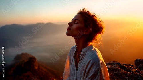 Woman meditating at sunset on mountain peak