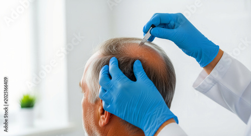 Doctor examining balding head of senior man in clinic. Trichologist checking scalp for hair transplant procedure. Hair loss treatment and alopecia concept for male healthcare marketing.