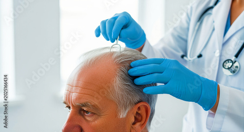 Doctor examining a senior man's thinning hair during a medical consultation. Professional dermatologist in blue gloves checking scalp health. Alopecia concept for healthcare marketing.