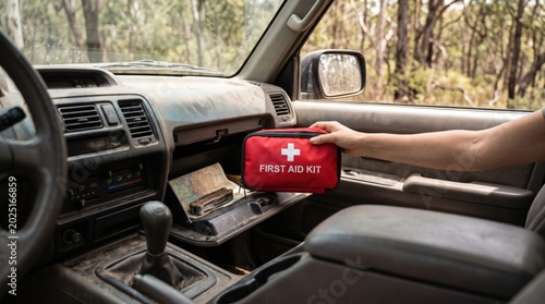Person holding a red first aid kit inside a car glove compartment