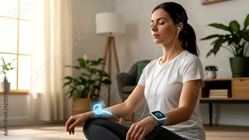 Woman meditating in modern living room with technology