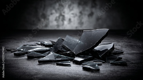 Shattered Glass Pieces on a Dark Surface in Dramatic Lighting