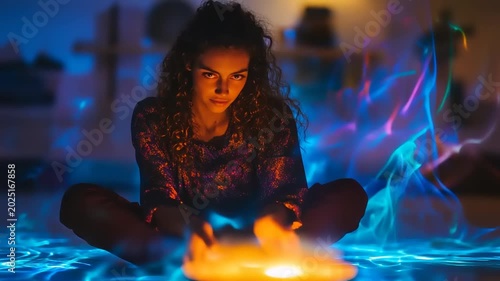 Woman meditating with glowing bowl in colorful light