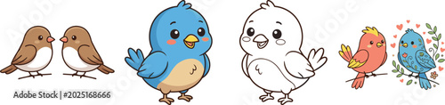 Foto Cute Cartoon Bird Collection with Lovebirds, Bluebirds, and Adorable Singing Bir