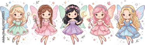 Tableau sur toile Cute Fairy Princess Collection with Magical Cartoon Girls, Fantasy Wings, and En
