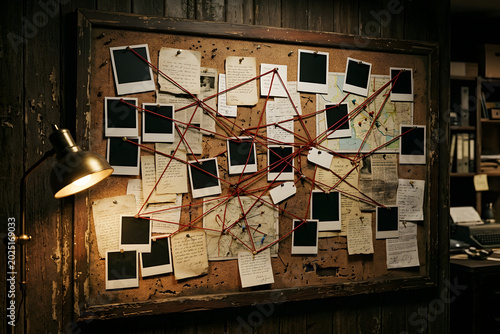 Pinning white pictures with red thread to the detective investigation board. Detective evidence board with blank papers, empty photo frame pinned to corkboard.