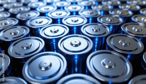 Array of cylindrical lithium ion battery cells.