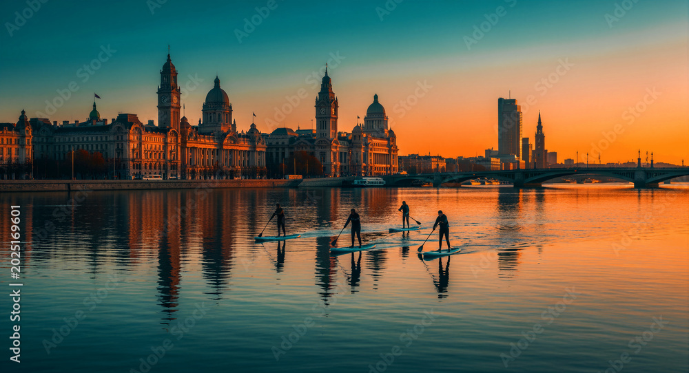Fototapeta premium People stand up paddleboarding on a river with a historic city skyline at sunset. Silhouetted figures paddle through calm water. Urban wellness and travel concept for active lifestyle marketing.