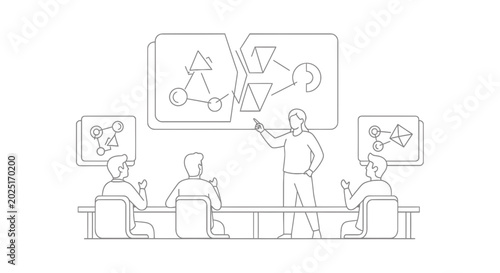 Business presentation, office meeting, teamwork discussion, line art illustration, vector graphics