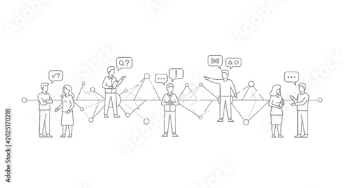 Business people, teamwork, communication, network, connection, line art, icons, set