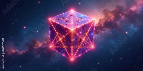 Cosmic Metatron cube in vibrant colors with galaxy background, blue, space