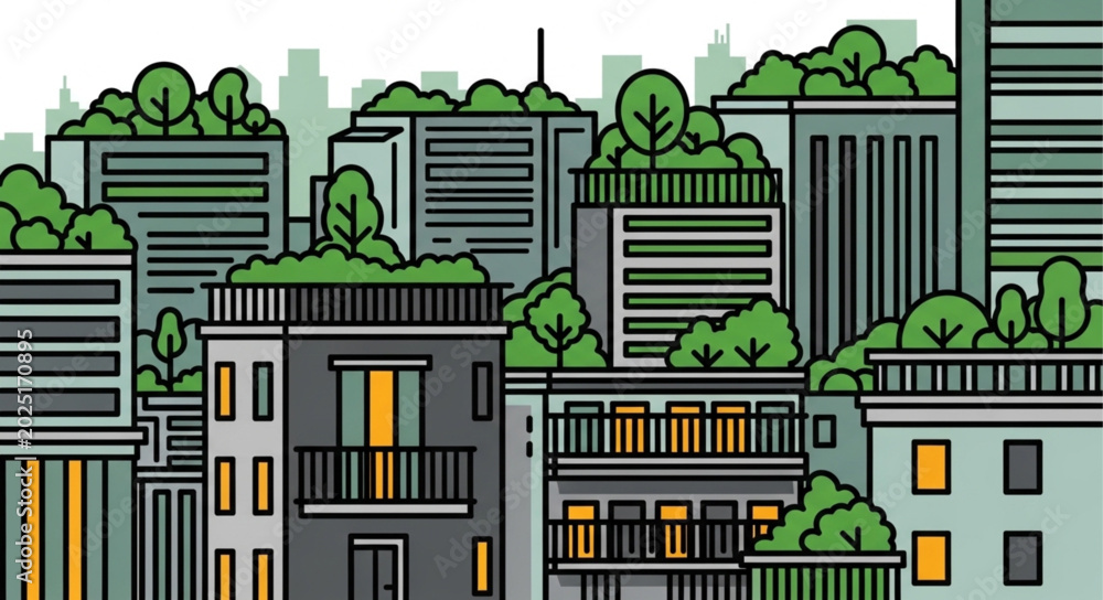 Fototapeta premium Green city buildings with rooftop gardens and trees.