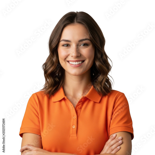 Woman in orange shirt smiling white background with friendly portrait white background