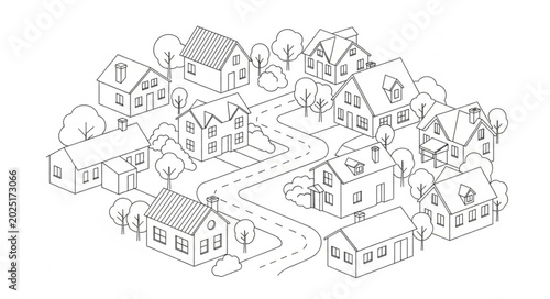 Hand drawn sketch of a small town isometric view.