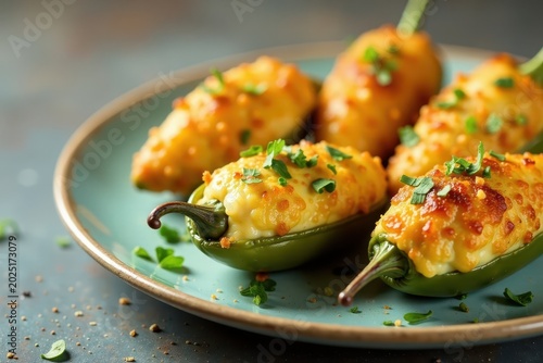 Crispy golden brown jalapeno poppers on a serving plate filled with creamy cheese and herbs , crispy, plate