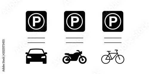 Parking sign vector icons set, black and white car motorcycle and bicycle parking symbols, urban transportation signage for city maps and wayfinding