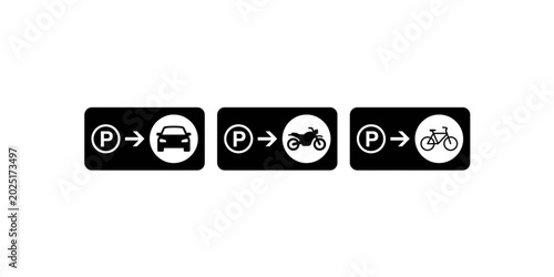Minimalist parking sign icons for car, motorcycle and bicycle, black rectangular directional parking symbols, set of 3 transportation wayfinding vectors