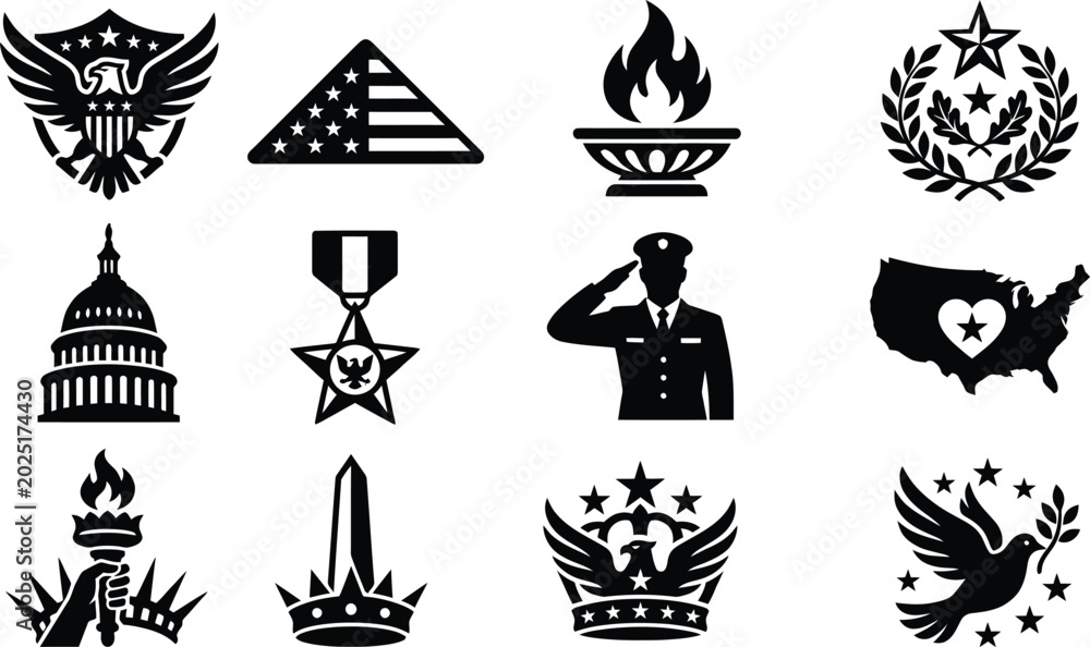 Fototapeta premium Memorial Day patriotic symbols and icons for American holiday
