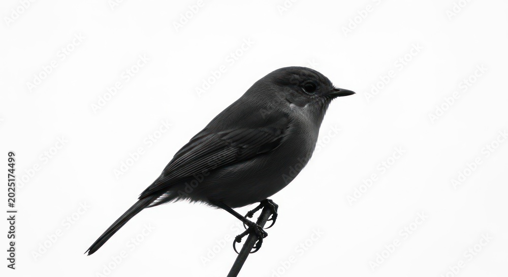 Obraz premium Monochrome image of a small bird perched on a branch against white backdrop