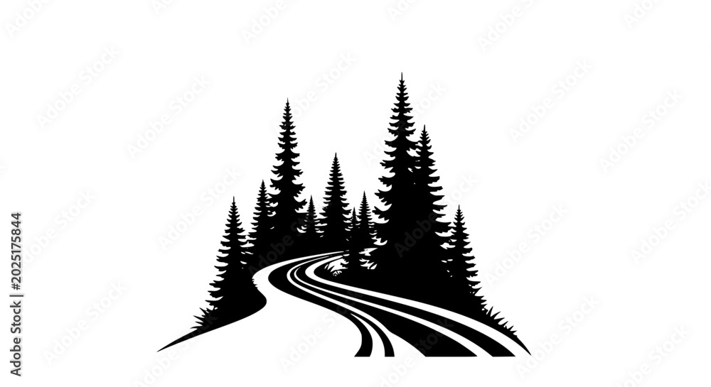 Obraz premium Winding path through evergreen trees silhouette illustration
