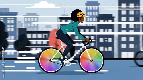 Woman Riding Colorful Bicycle Through City Streets