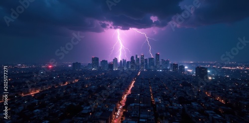Dark stormy night over city skyline with lightning illuminated buildings, dramatic lighting, cityscape