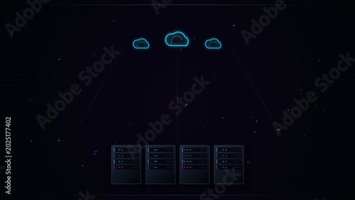 A digital cloud infrastructure with four servers connected to three cloud icons, representing cloud storage and data management