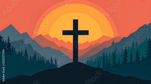 Christian cross silhouette with mountain landscape and glowing sunset spiritual background