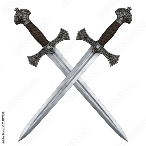 Two crossed medieval steel swords on white background with medieval, weaponry white background