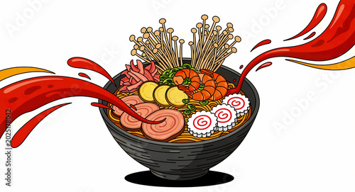 Ramen noodle bowl illustration with spicy red soup splashes and shrimp. Japanese soup with pork slices, fish cakes, and mushrooms on white. Vibrant culinary art for restaurant menus and marketing.