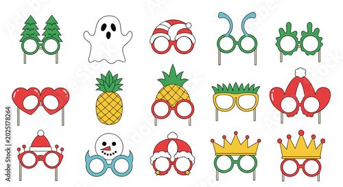 Collection of festive party glasses and photo props including designs for Christmas, Halloween, and various celebrations.