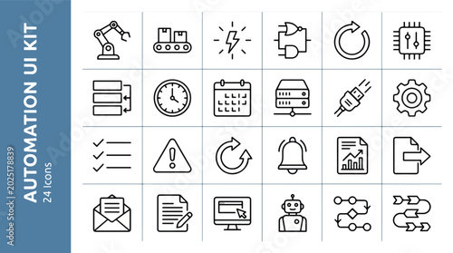 Automation UI kit line icon set. Industrial robot arm, conveyor belt, workflow process, artificial intelligence, data server, logic gates, gear, and smart manufacturing symbols. Vector illustration.
