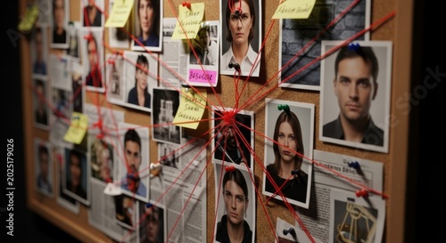 Detective board with photos connected by red string. Investigation wall with evidence, note, and suspect face portrait. Criminal case analysis by policeman or investigator for crime drama.