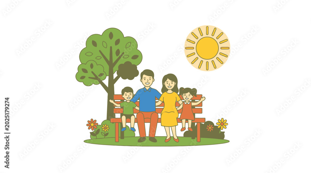 Fototapeta premium Happy Family Sitting on Park Bench with Father Mother and Children in Nature Vector Art