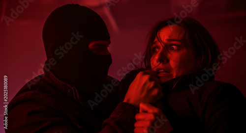 Masked intruder attacking a terrified woman in dramatic red light. Criminal in balaclava grabbing victim during a violent assault. Crime concept, ideal for safety awareness and thriller media.