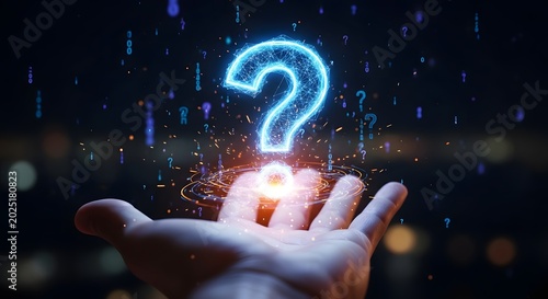 Glowing blue question mark floating above an open human hand. Customer support and artificial intelligence query assistant. Person holding abstract illuminated interrogation symbol