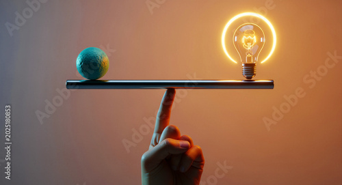 Hand balancing a bar with a sphere and a light bulb. Balance between environment conservation and innovation. Sustainable theme for green energy and business marketing.