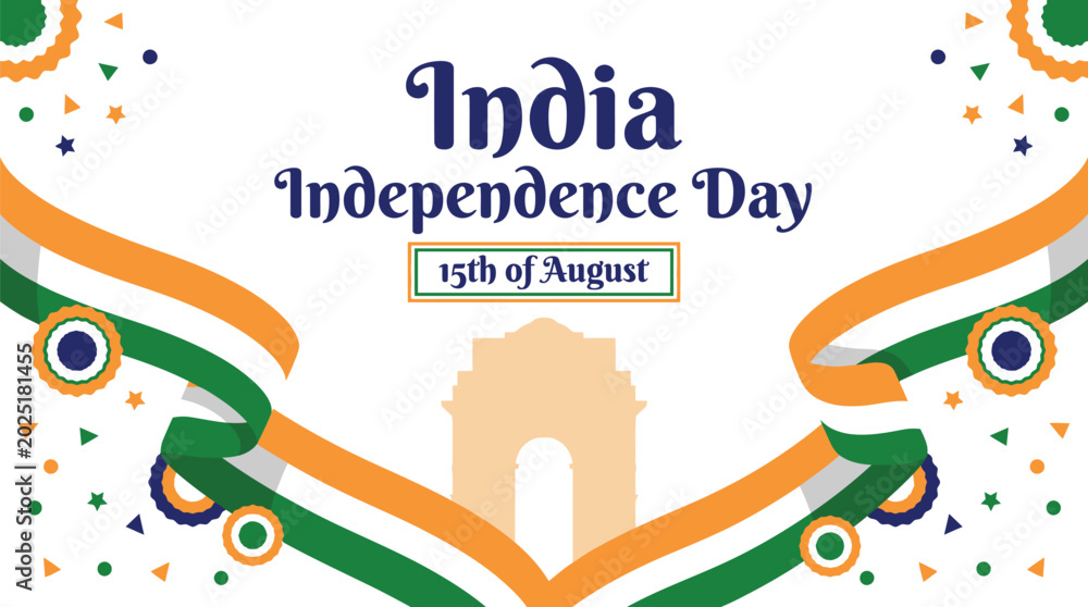 Fototapeta premium India Independence Day Celebration Banner with Historical Monument and Tricolor Ribbons Design