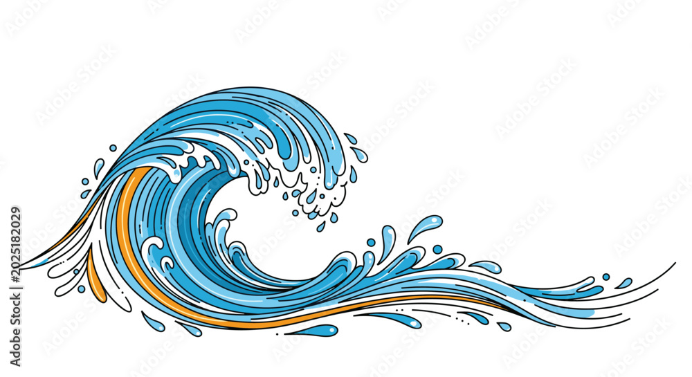 Fototapeta premium Powerful and dynamic ocean wave illustration with swirling blue water and white sea foam in a graphic artistic style.