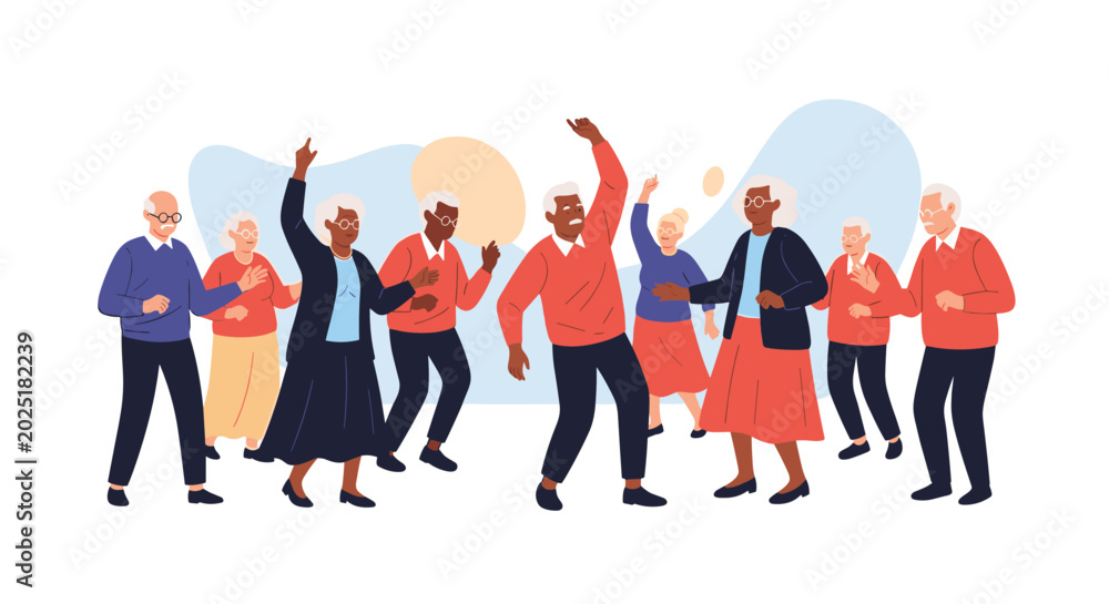 Obraz premium Group of active elderly people dancing and having fun together at a social event showing happy senior lifestyles and community in a bright scene.